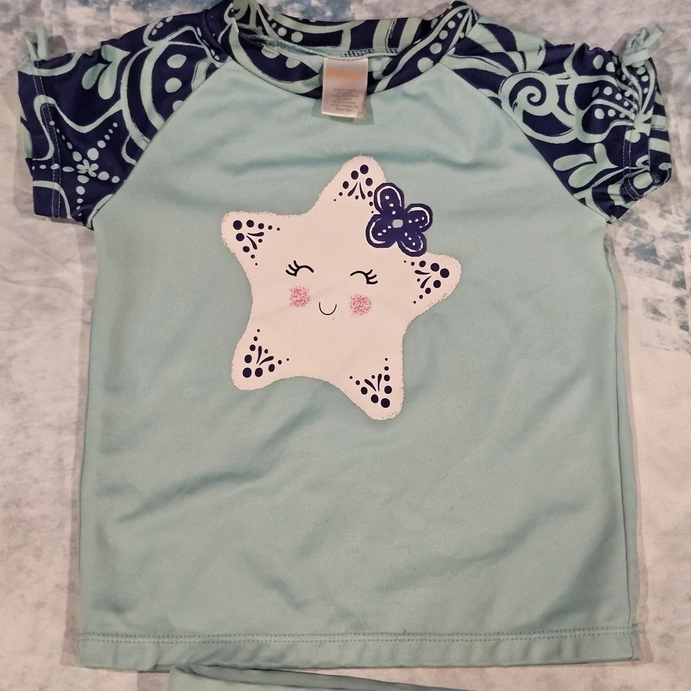 Gymboree Girls 5T 2 Piece‎ Swimsuit Star Rash Guard Set Blue Ruffle Bottoms